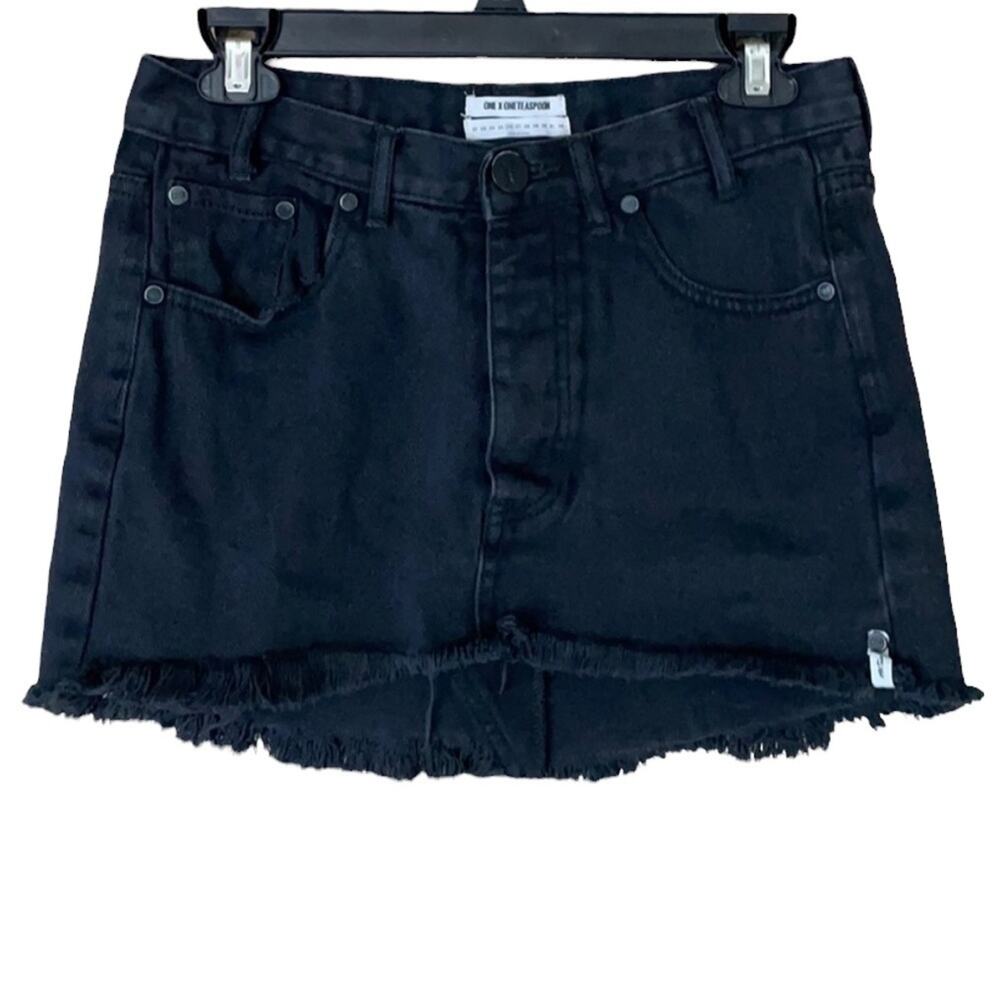 One Teaspoon Junk Yard Black Denim Mini Skirt Low Waist Cut Off Hem SZ 26